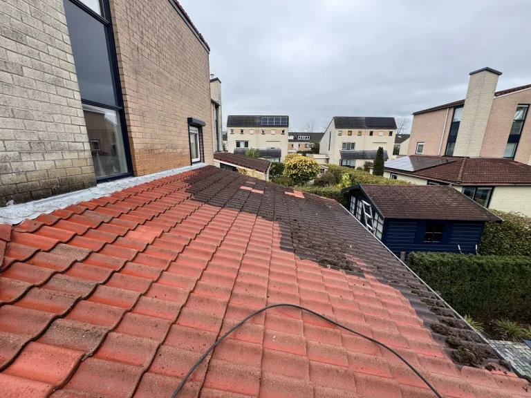 Pannendak in Warnsveld half gereinigd: links schone rode pannen, rechts nog zwart van mos